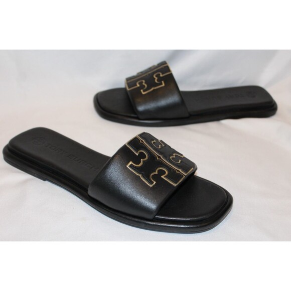 Tory Burch Shoes - TORY BURCH WOMEN'S DOUBLE T SPORT SLIDE PATENT LEATHER BLACK GOLD SZ 8 NEW
